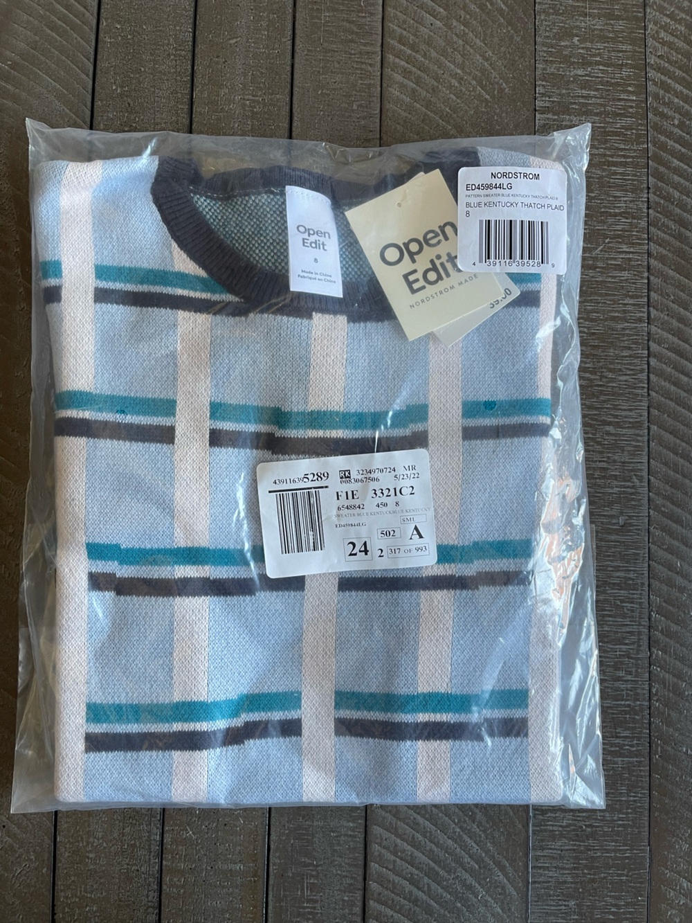 Open Edit Kids' Blue Plaid Sweater - Soft Crew Neck